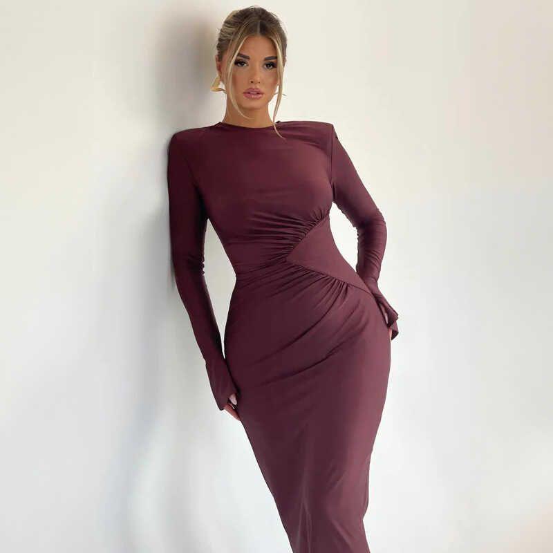 Autumn Western Style Solid Pleat Slim fit Long sleeve dress Slim Fit Long Sleeve Dress