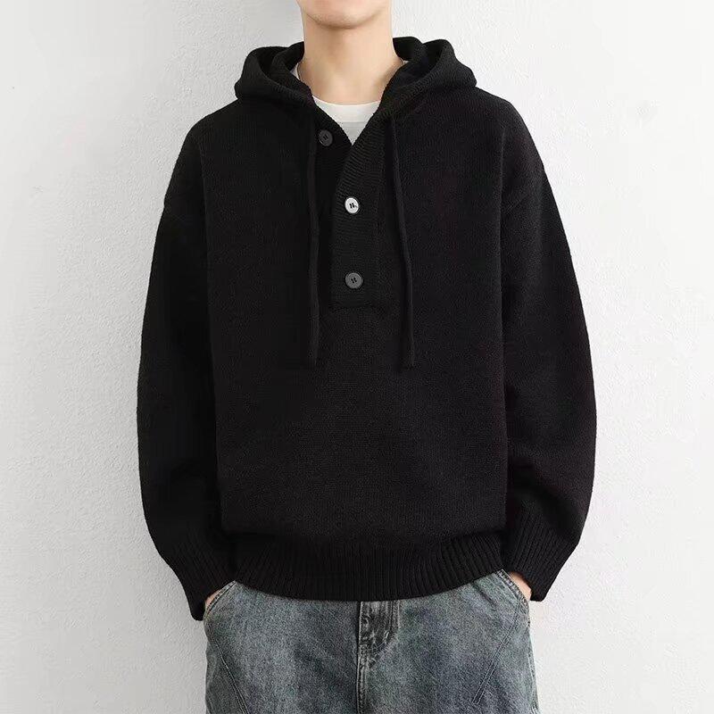 Men's Autumn/Winter Loose Hooded Pullover - Solid Color Knit Sweater