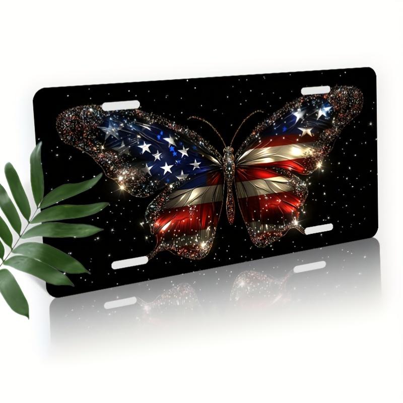 For Decorative Purposes solely - License Plate Cover And Frame, Starry Sky Wings Patriotism: Butterfly And American Colors Decorate The Front, Decorat