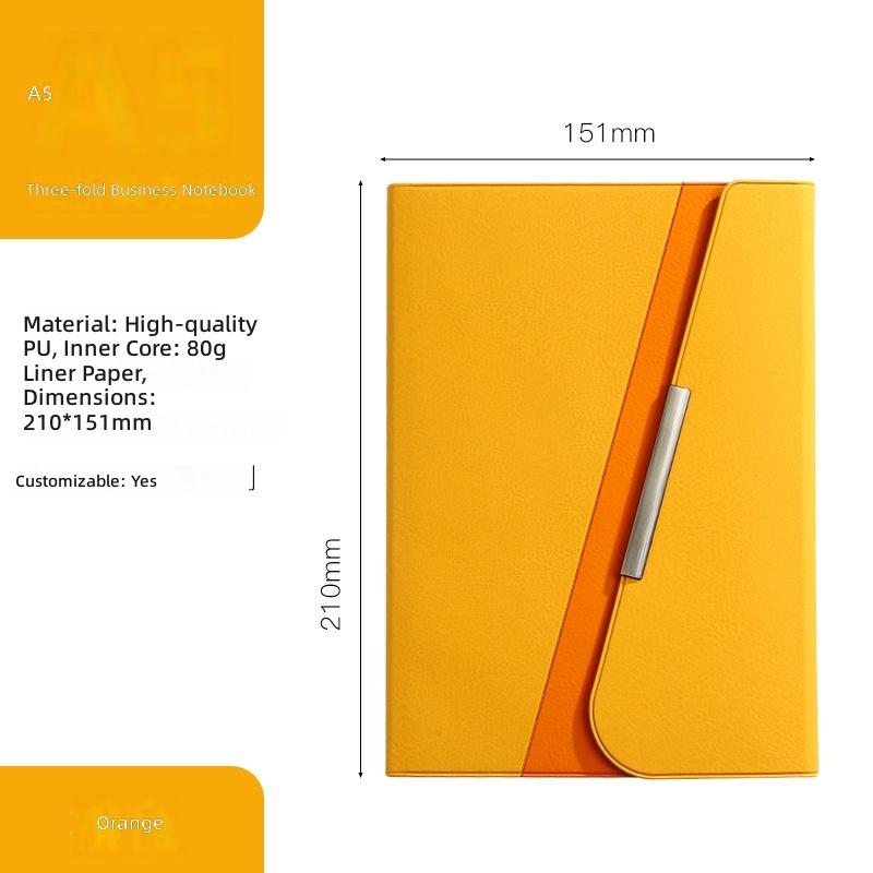 A5 Tri-fold Business Notebook Stylish and Thick Faux Leather-bound with Customizable logo Gift Option; In-stock (Orange,200 Pages&A5&210mm145mm) оранжевый