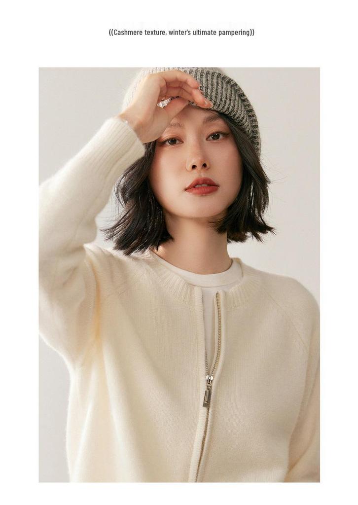Women's Cashmere Round Neck Zipper Cardigan - Autumn/Winter Collection: Thick, Solid Color, Short, Loose Knit