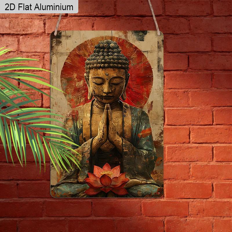 2D Flat, 1pc Vintage Spiritual Aluminium Wall Art Sign "Serene Buddha with Lotus"- 8"x12" Aluminium Rustic Home Decor, Meditation Room & Yoga Studio