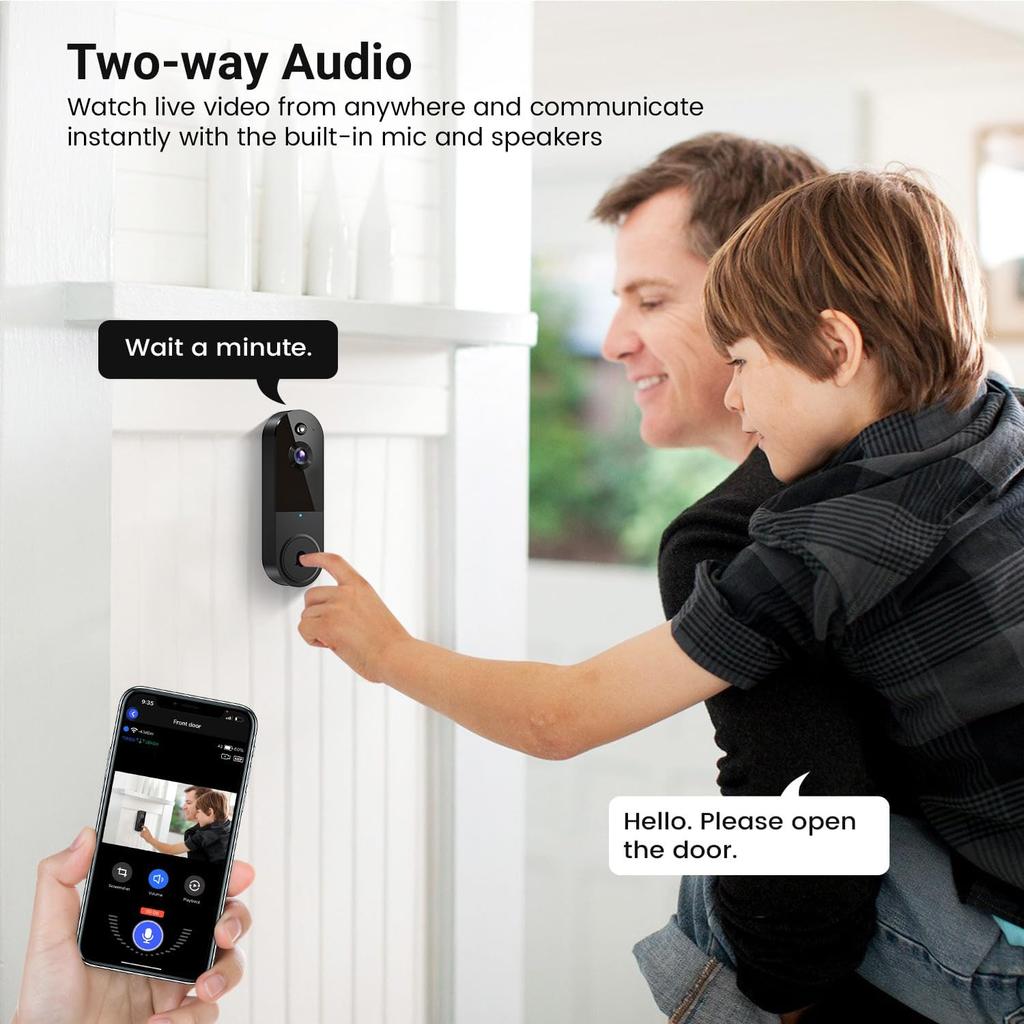 1080P Wireless Video Doorbell Camera, Night Vision, Intelligent AI Detection, Two-Way Audio, 2.4GHz Wi-Fi Support, Chime Included, Battery Powered,