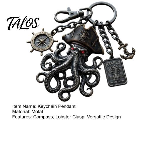 Tentacle Design Keychain Pendant with Compass Lobster Clasp Pirate Style Metal Aged Mysterious Oxidation Texture Red Eye Octopus Shape Key Ring