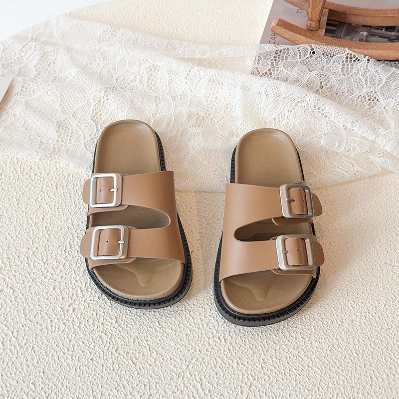 2026 Korean Style Leather Buckle Sandals for Girls - Casual Summer Outdoor Children's Birkenstock-Inspired Half-Closed Shoes