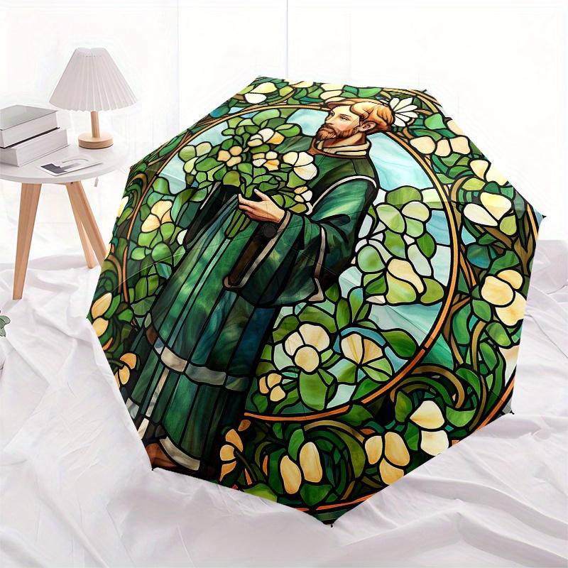 Stained Window Panel: Green Floral DesignUmbrella, Portable 3-Fold Compact Umbrella for Men & Women Gift