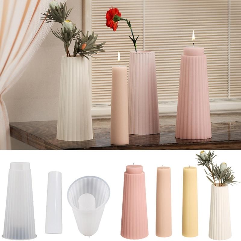 2 Pcs Striped Flower Vase Silicone Molds Flower Container Epoxy Resin Mold Plaster Pen Holder Mold for DIY Crafts