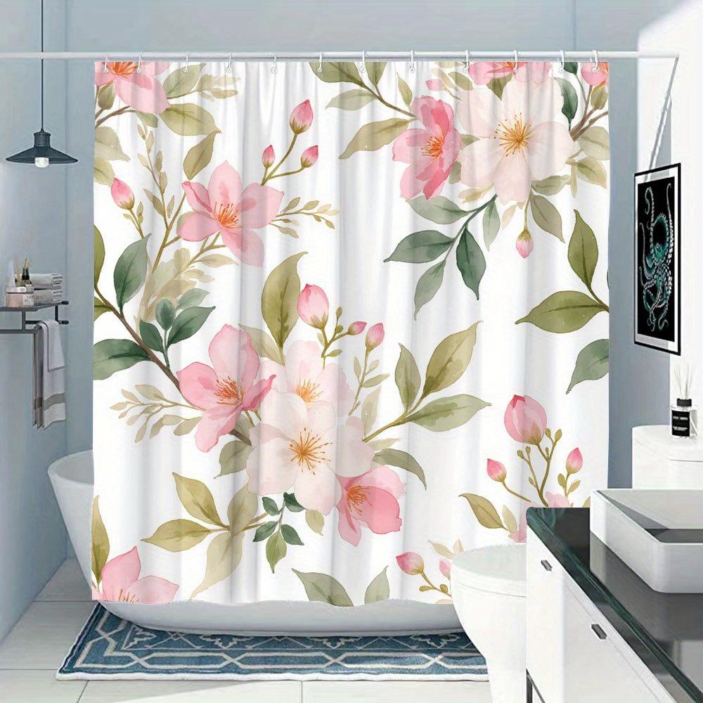 1pc Watercolor floral shower curtain, pink and white flowers, polyester fabric, machine washable, fashion theme, with hooks