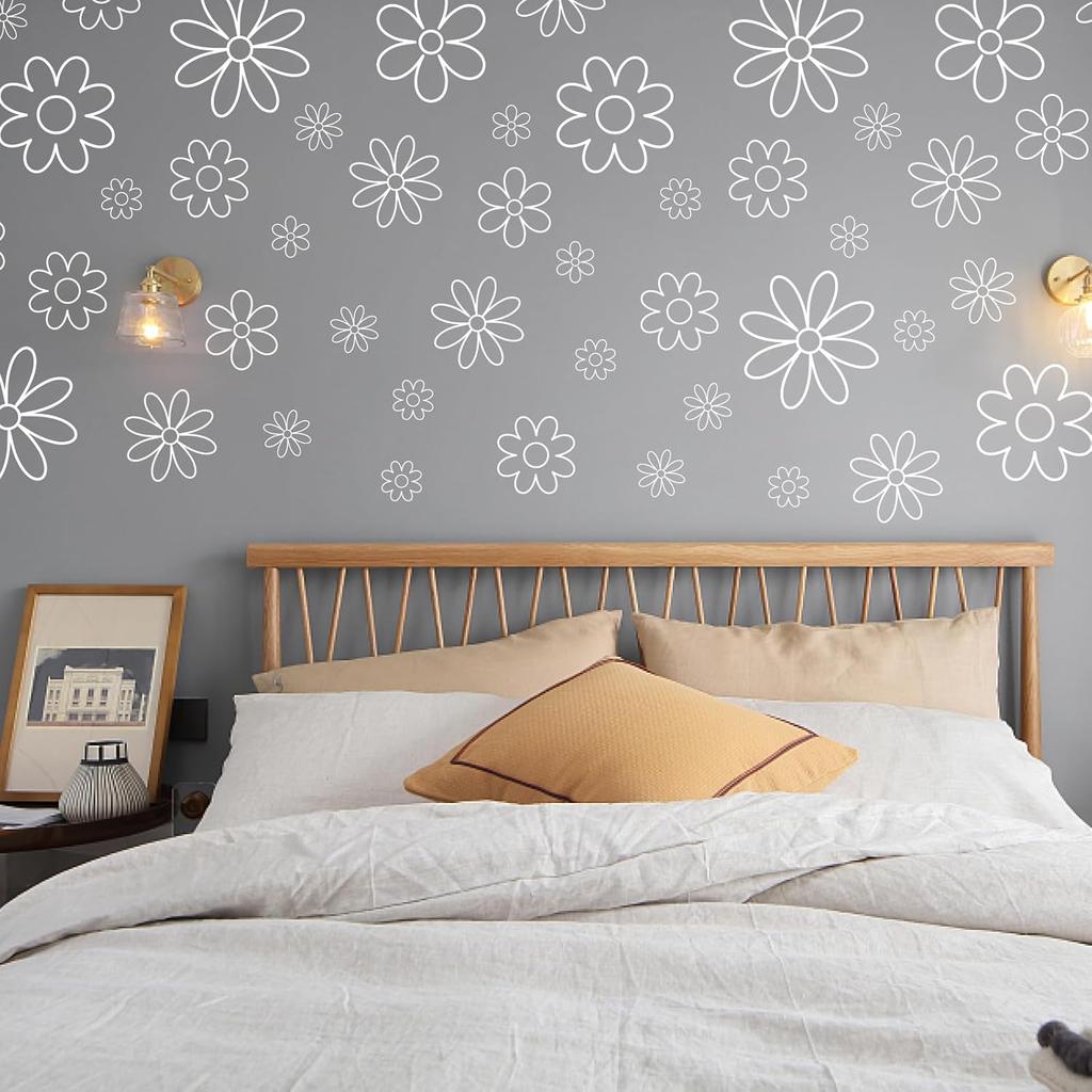 PLIGREAT 2 Sheets White Line Flowers Wall Decals DIY Art Daisy Floral Removable Vinyl Wall Stickers for Bedroom Living Room Home Background Window