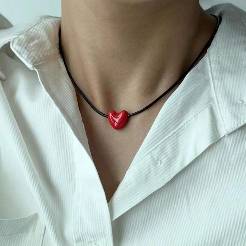 Retro Fashion Long Black Braided Cord Heart Pendant Necklace For Women Niche Minimalist Choker Jewelry Valentine'S Day Gift