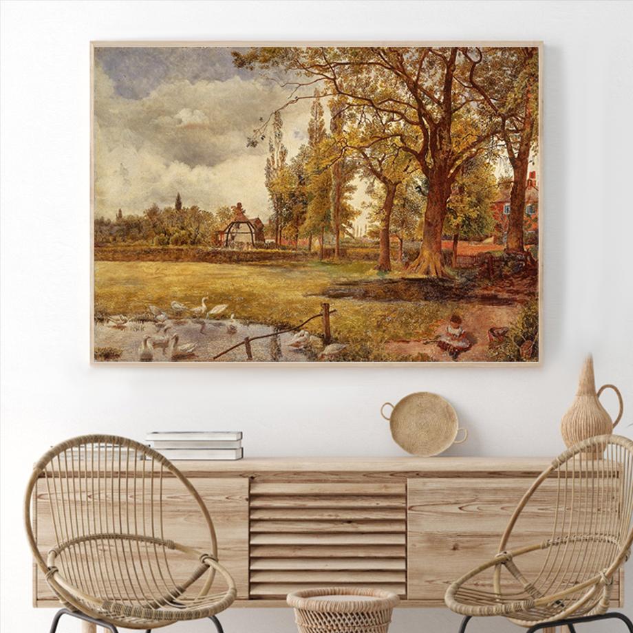 Vintage Landscape Hut Tree Goose Duck Nordic Wall Art Poster And Prints Canvas Oil Painting Style Pictures For Living Room Decor