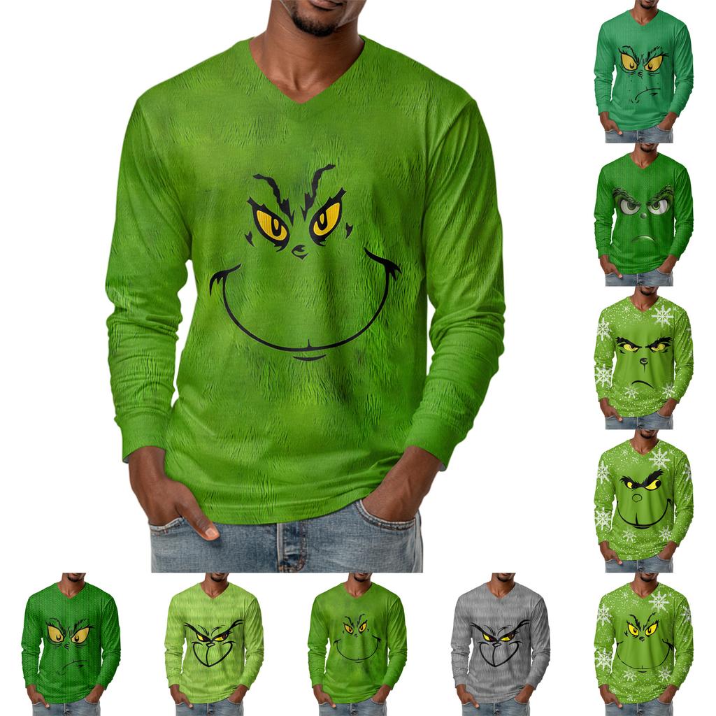 Men's Fashion Printed V-Neck Casual Long-Sleeved T-Shirt Bottoming Shirt Top