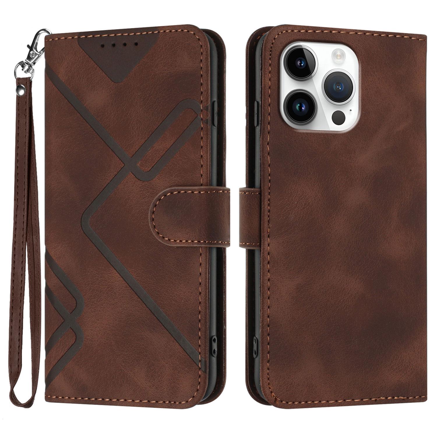 

For iPhone 16 Pro Max Wallet Case Line Imprinted PU Leather Phone Cover with Strap Brown