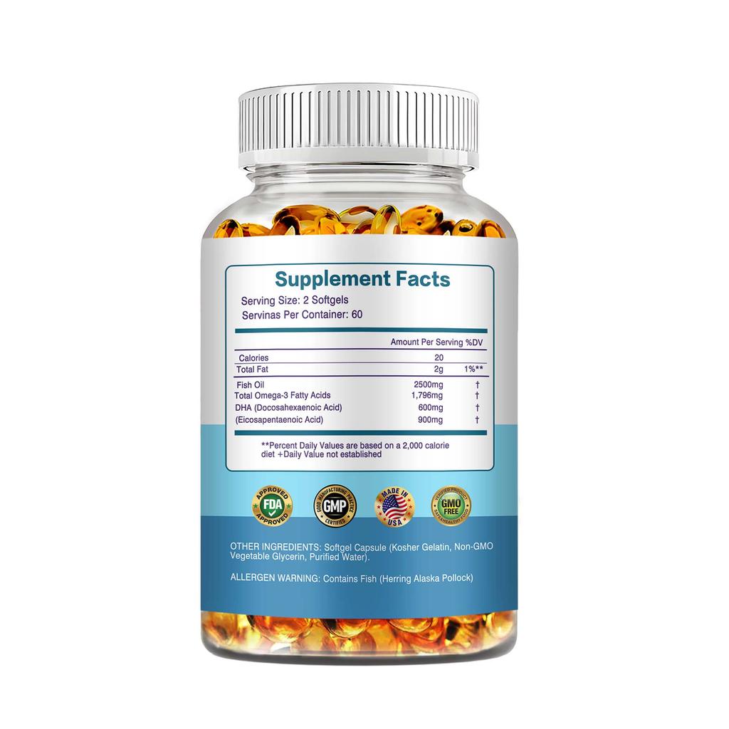 Omega-3 Fish Oil Capsules, Containing DHA and EPA, Support Immune, Brain, and Joint Health.