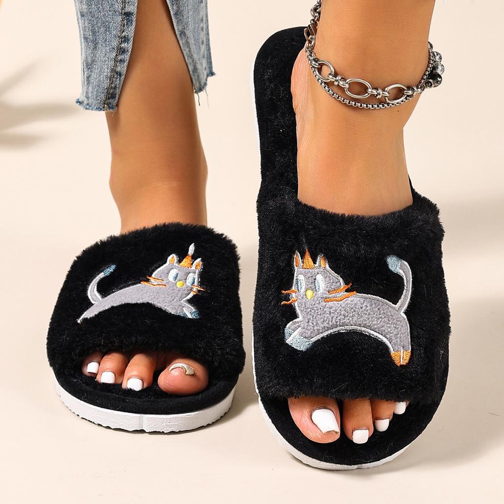 Niedliche Zehenfreie Baumwoll-Hausschuhe mit Katzenmotiv, Verdickte Plüsch-Hausschuhe für Damen, Rutschfeste Hausschuhe für drinnen