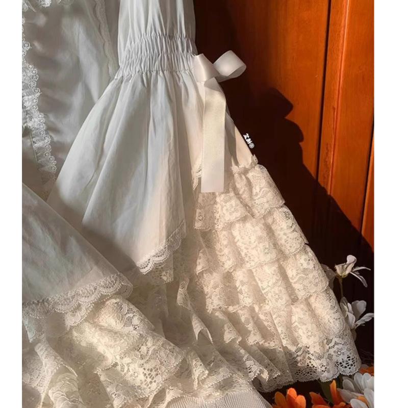 Blusa Estética Y2k para Mujer con Encaje Patchwork Dulce Linda Lolita Japonesa Manga Acampanada Camisas con Lazo Tops Sueltos Kawaii para Chica