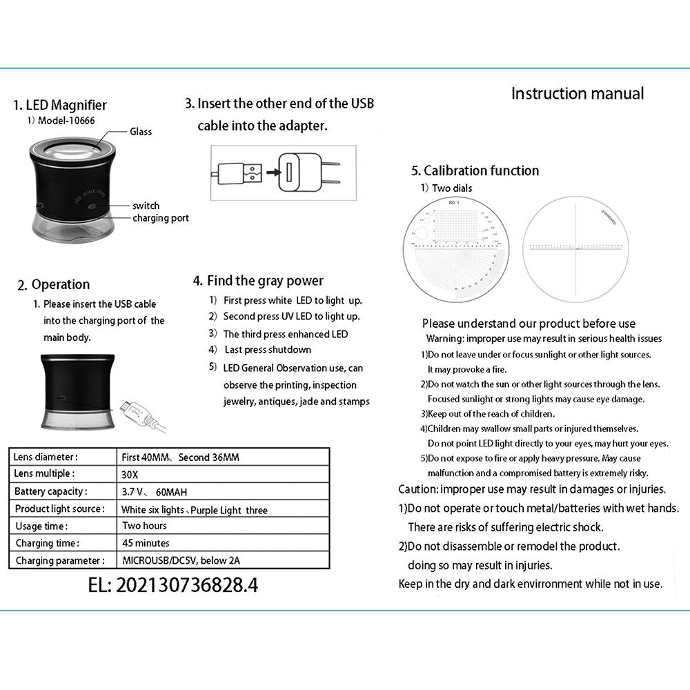 30X LED Scale Loupe Illuminated Magnifier with 6 White 3 UV Lights Rechargeable Magnifying Glass Interchangeable Reticle Scale for PCB Jewelry   St