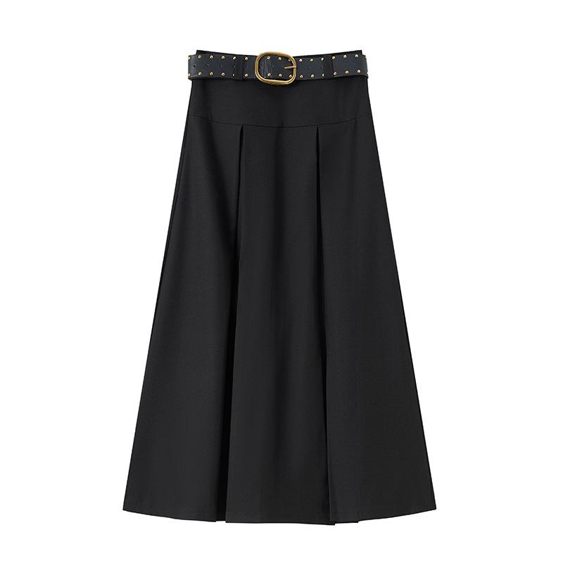 2026 Spring Women's High-Waisted Pleated A-Line Skirt with Belt - Drapey and Slimming