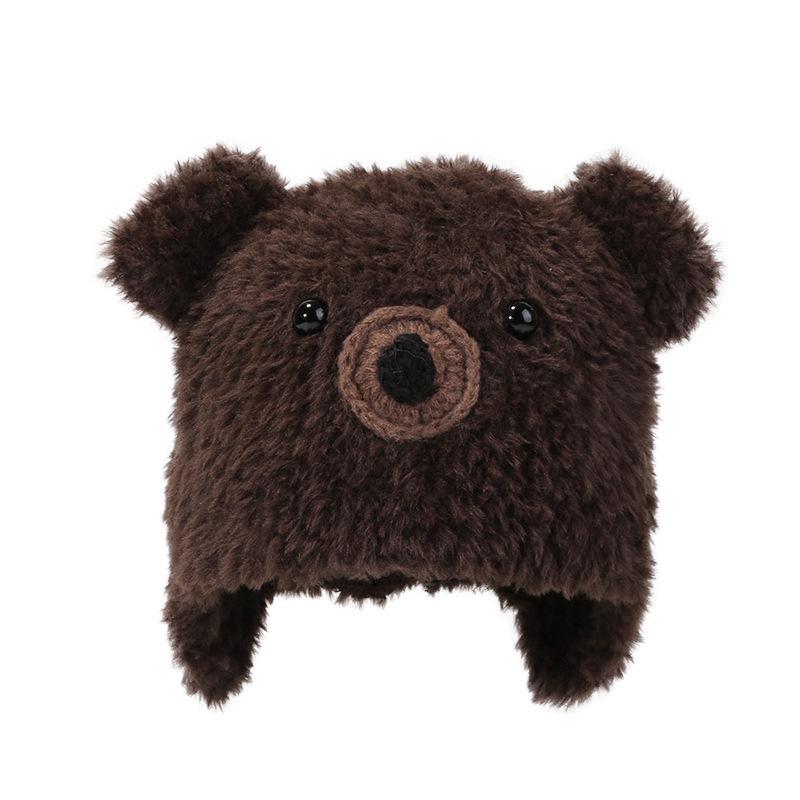 Korean Cartoon Bear Ear Plush Knitted Cap for Women's Autumn and Winter New Style Cute Warm and Versatile Pullover Cap