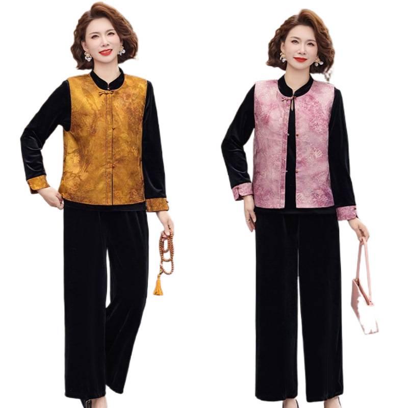 Mom's 2026 New Style Spring Autumn Velvet Tang Suit Shawl Jacket for Middle-aged Women