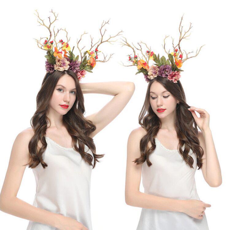 Diadema Exagerada Estilo Mori con Flores y Astas para Niños, para Fotos y Actuaciones