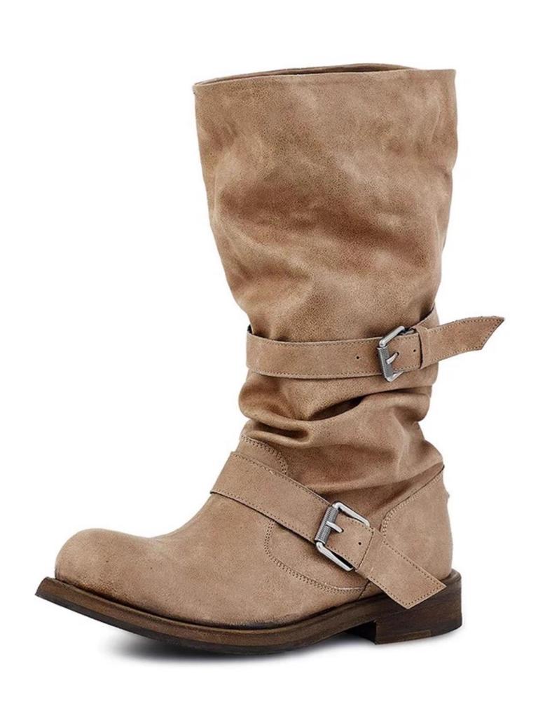 In Stock: Women's Two-Way Wear Heavy-Duty Distressed Knight Boots with Belt Buckle - Retro Style Outdoor Boots