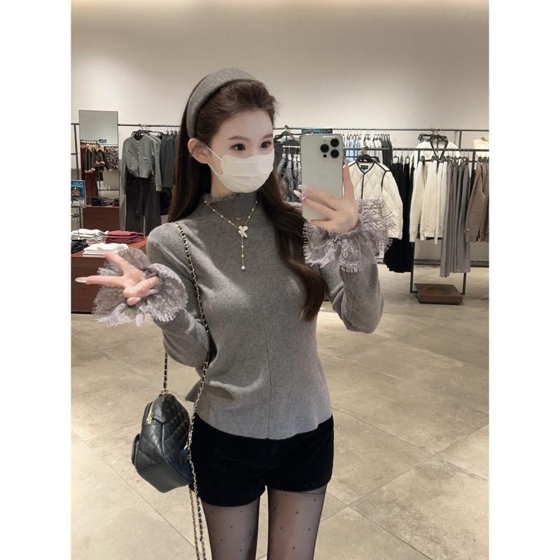 High-end elegant semi-turtleneck knitted sweater women's lace splicing top autumn and winter new flared sleeve inner bottoming shirt