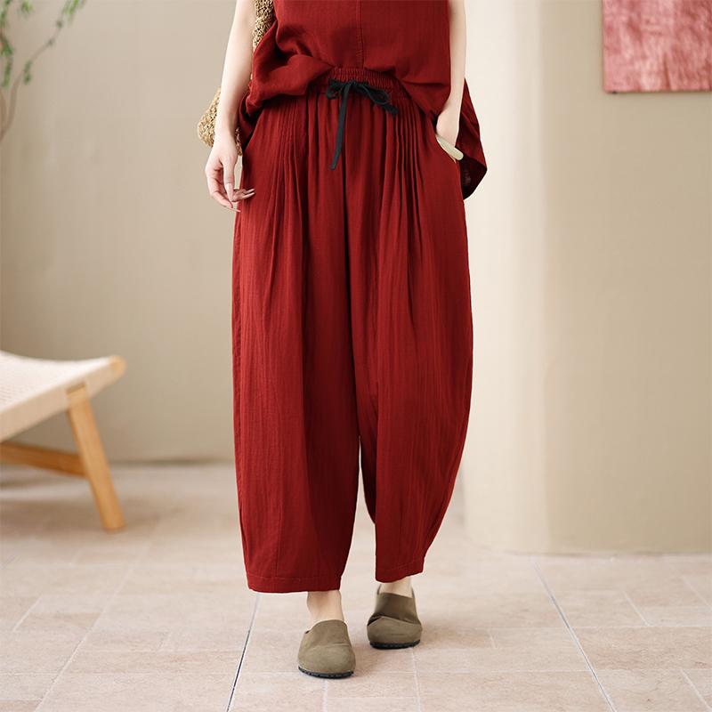 

DIMANAF 2026 Лето Новые Женские Брюки Большого Размера Хлопок Лен Свободные Эластичная Талия Винтажные Повседневные Женские Низ Одежда One size красный
