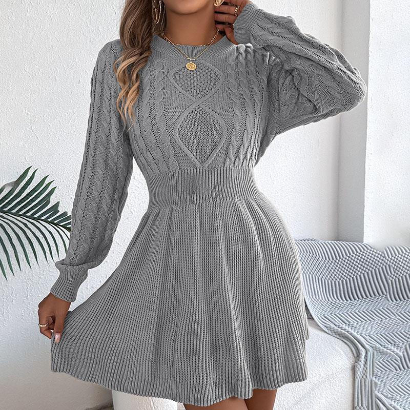 Autumn and Winter Women's Knitted Sweater Dress Solid Color Slim-fit Lantern Sleeve Sweater Dress Knitted A-line Dress