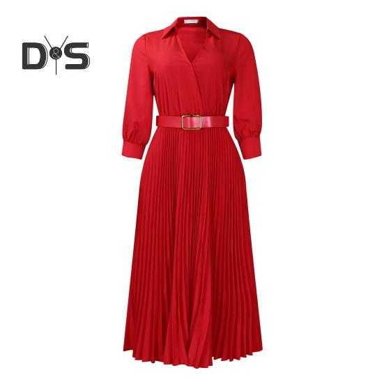 Summer Lady Dress V Neck Lapel A-line Three Quarter Sleeves Pleated Slim Waist Plus Size Pure Color Mid-calf Length OL Commute Midi Dress