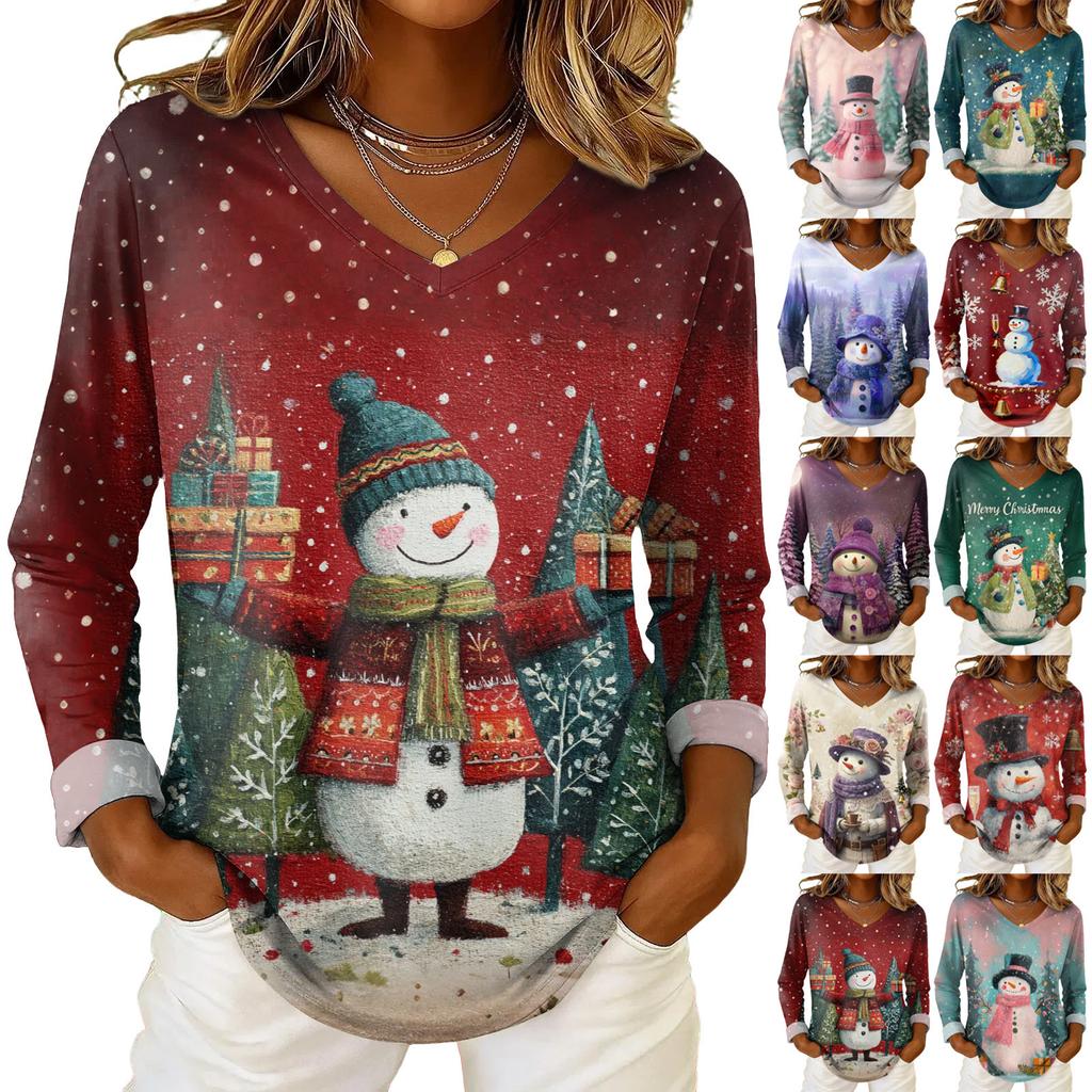 Women's Christmas Print Casual V-Neck Long Sleeve Top