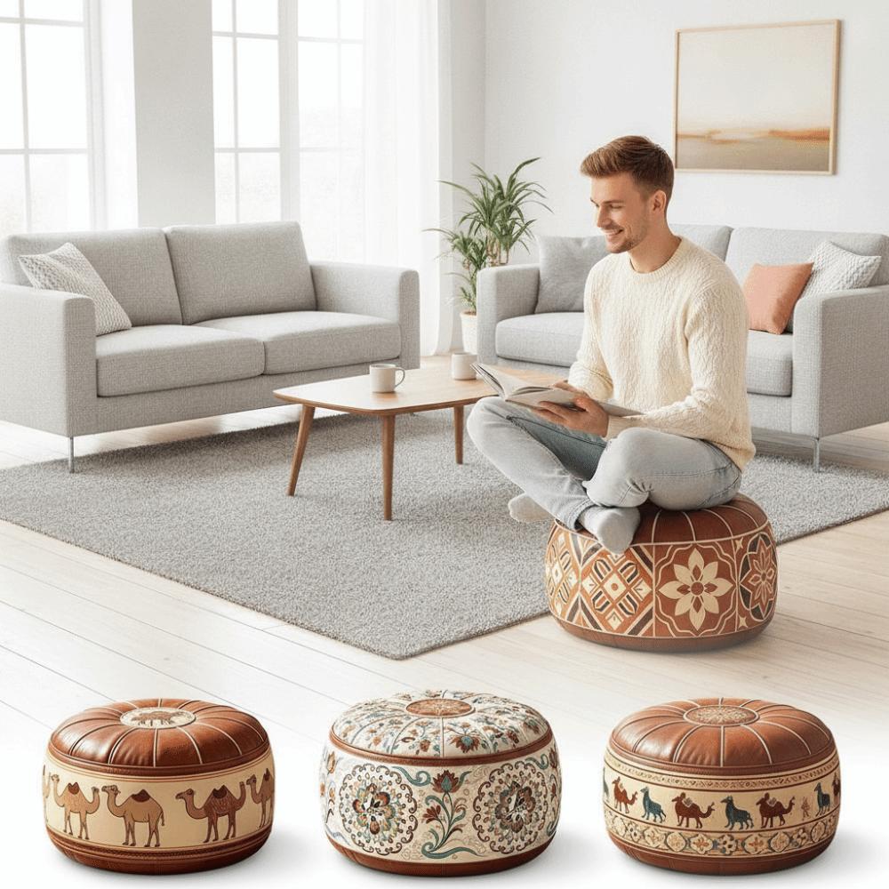 Boho Pattern Ottoman Pouf Fillable Design Large Opening Storage Ottoman PU Leather Water Resistant Footstool Cover Living Room