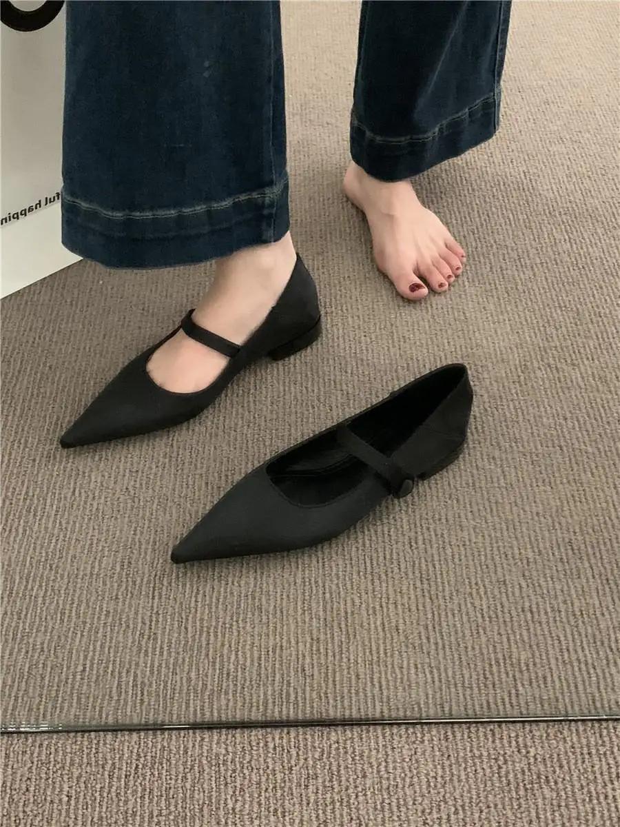 

Модные туфли Мэри Джейн в стиле ретро, туфли на плоской подошве, летние 2024 г., новые женские туфли с острым носком и низким каблуком, однотонные повседневные женские мокасины 39 чёрный