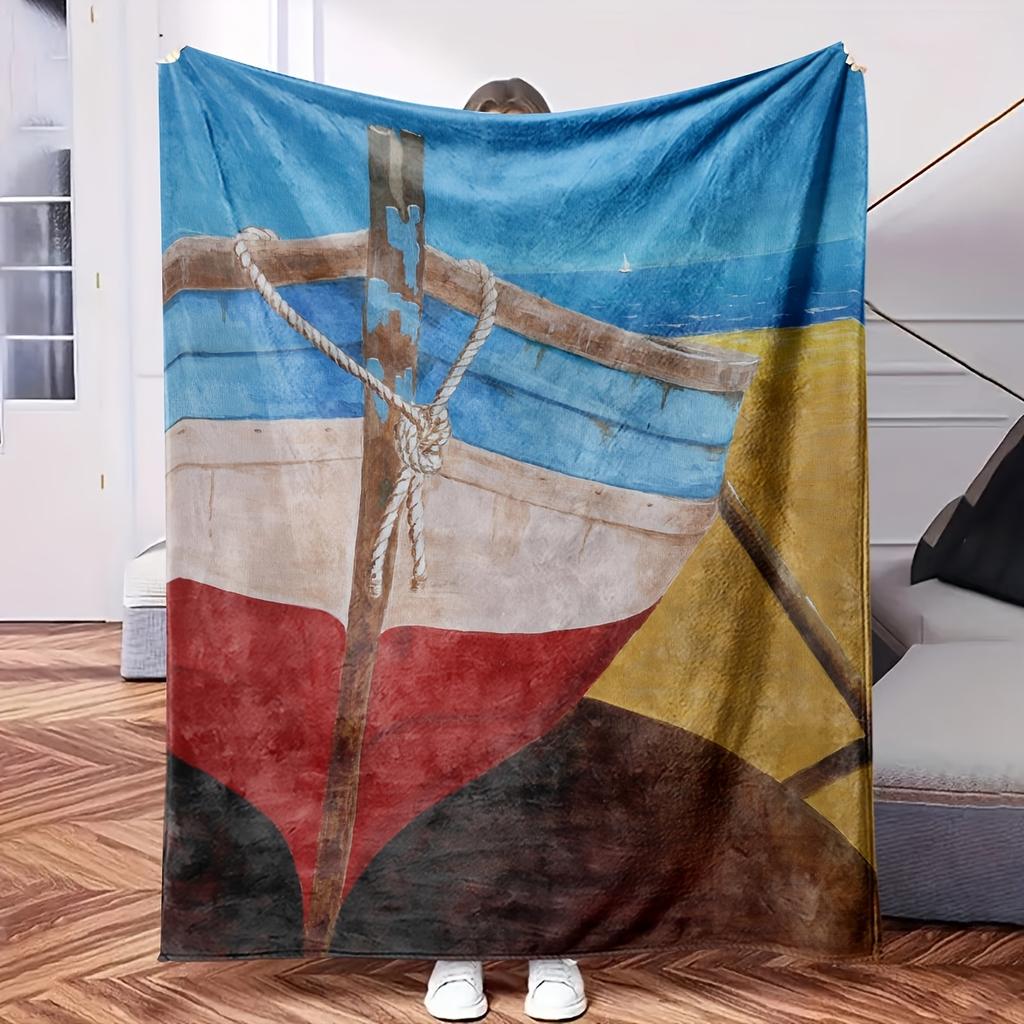 A Boat Sitting on The Beach - Themed Blanket - Comfortable Flannel Fabric Hypoallergenic Suitable for All Seasons - Ideal for Sofa