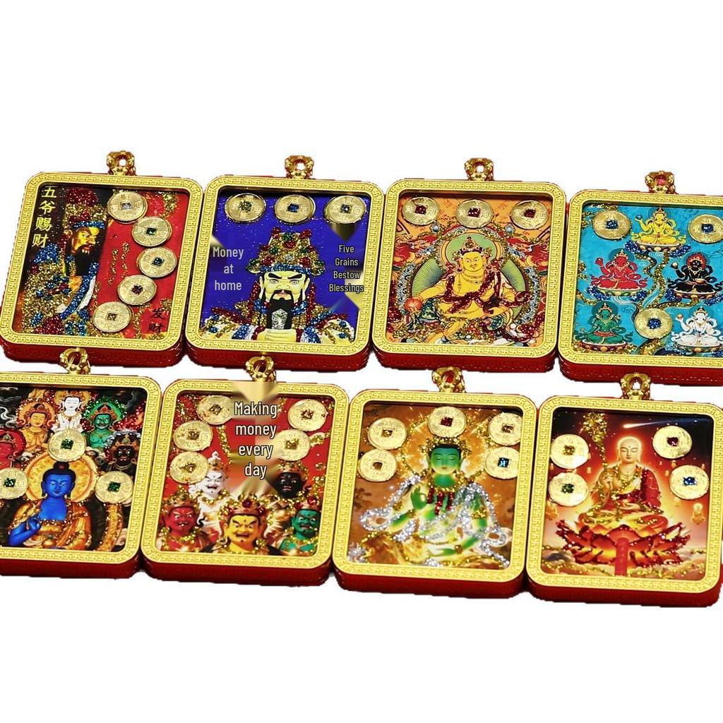 Tibetisches Thangka-Goldhalskette mit Münzanhänger mit den Fünf Kaisern und Gelbem Jambhala für Reichtum und Wohlstand.