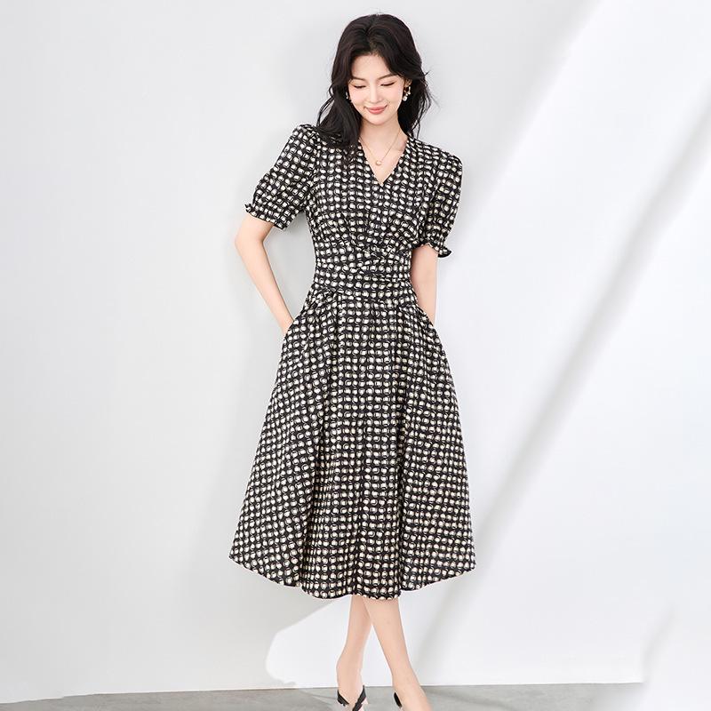 

Plaid Print Cotton V-Neck Waist-Cinching A-Line Maxi Dress for Women Extra Large чёрный