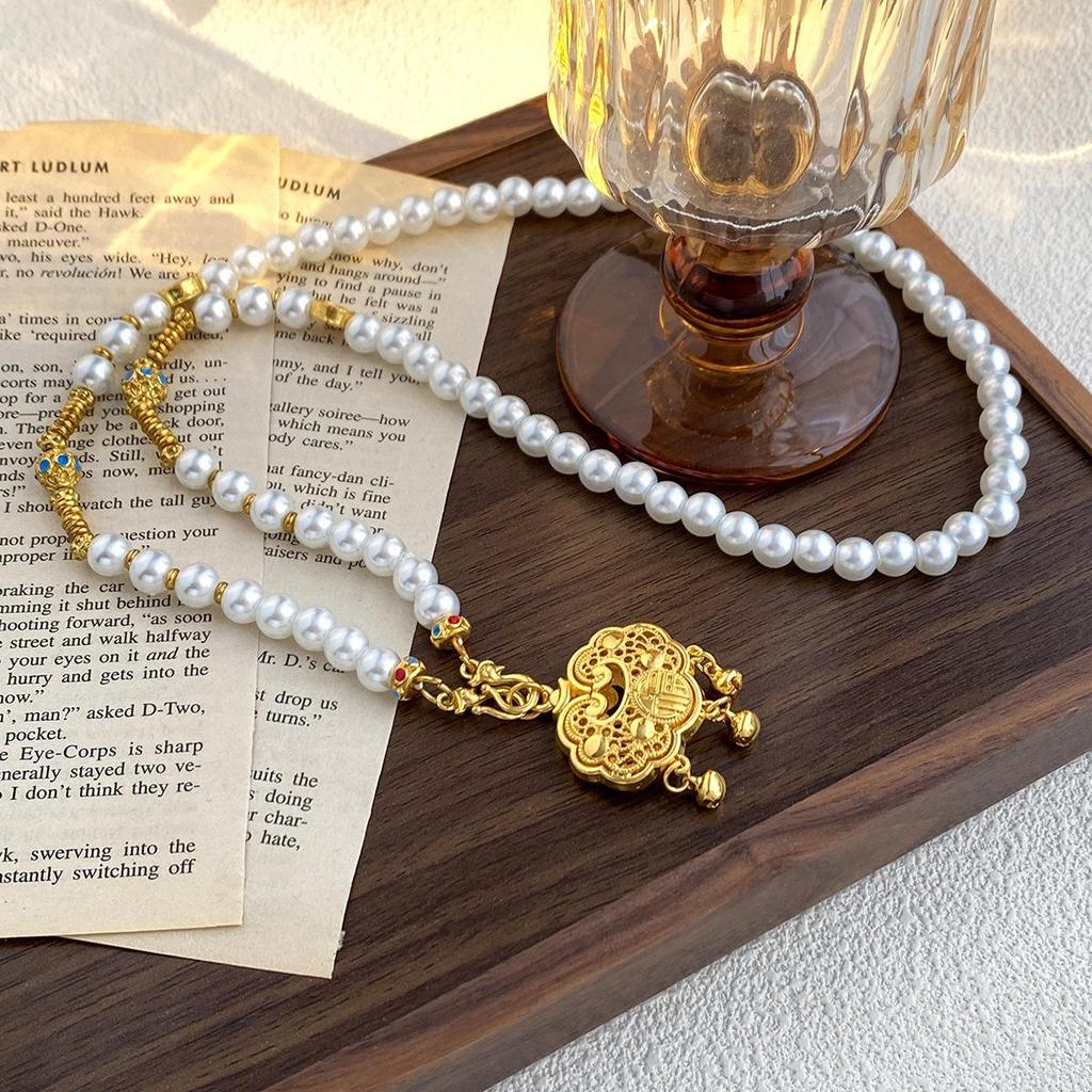 Chinese Style Ruyi Lock Tassel Pearl Necklace for Women - Long Pendant Qipao Accessory