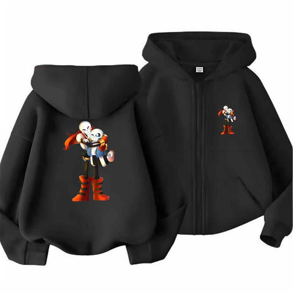 Zip-up hooded sweatshirt for boys and girls—a trendy,thickened jacket for autumn and winter,perfect for outdoor play,featuring Sans and Papyrus prints