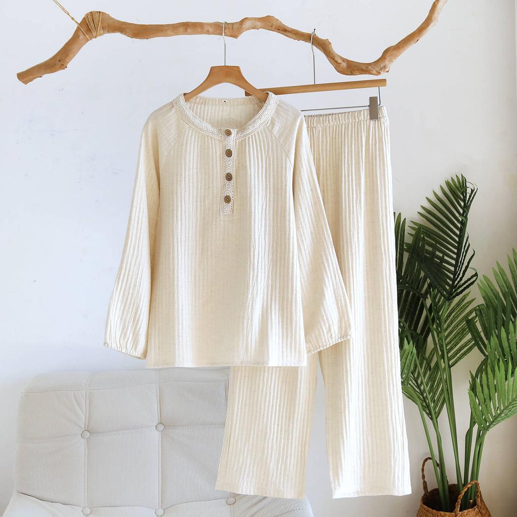 2026 Neues Damen Frühjahr/Sommer Pyjama-Set 100% Baumwolle Hanf Spitzenkragen Reine Baumwolle Langarmhose Hauskleidung Nachtwäsche