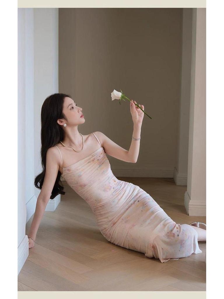 Off-Shoulder Floral Maxi Dress for Women, Slimming Mesh Waist, Gentle Summer Style