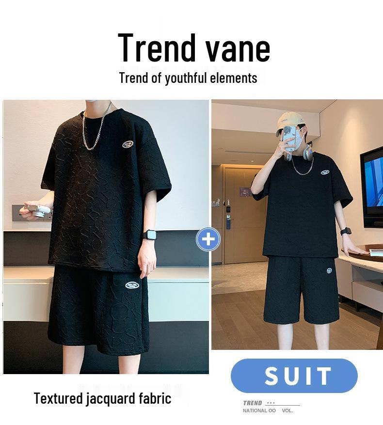 Men's Casual Summer Jacquard Suit: Versatile Short Sleeve and Shorts Set with Loose Fit Design