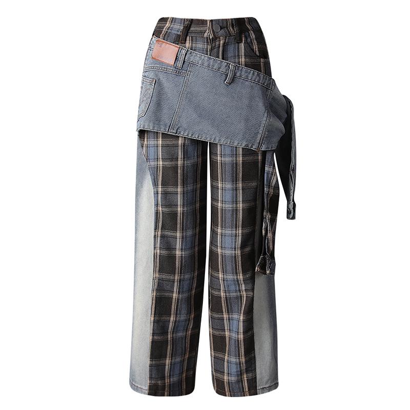

American Design Multi-Style Plaid Patchwork Jeans with Removable Waistband - Autumn/Winter Collection Small синій