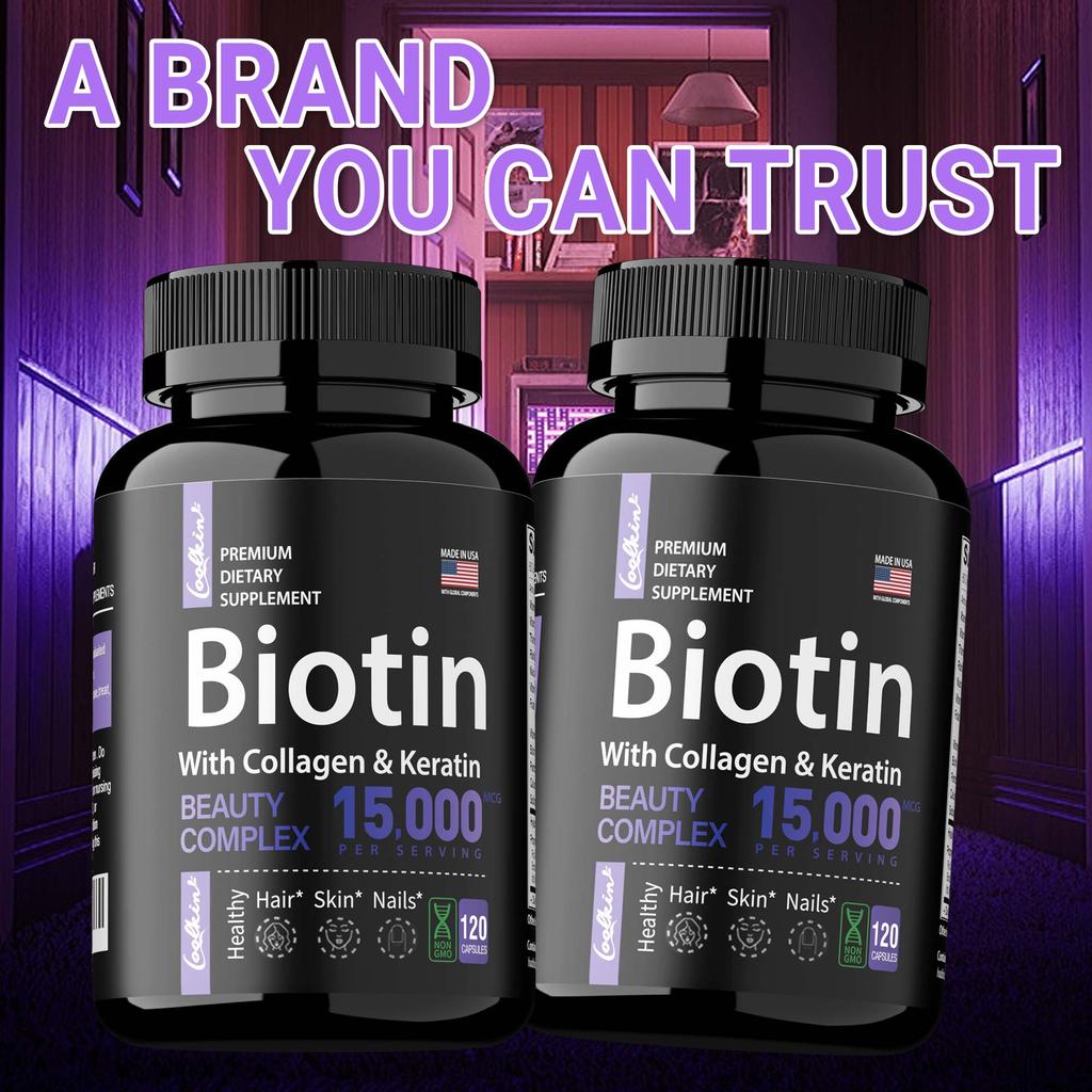 Coolkin Biotin Kollagen Kapseln enthalten Biotin, Kollagen und Keratin-Extrakt. 15.000 mcg, 120 Kapseln pro Packung, für Erwachsene geeignet.