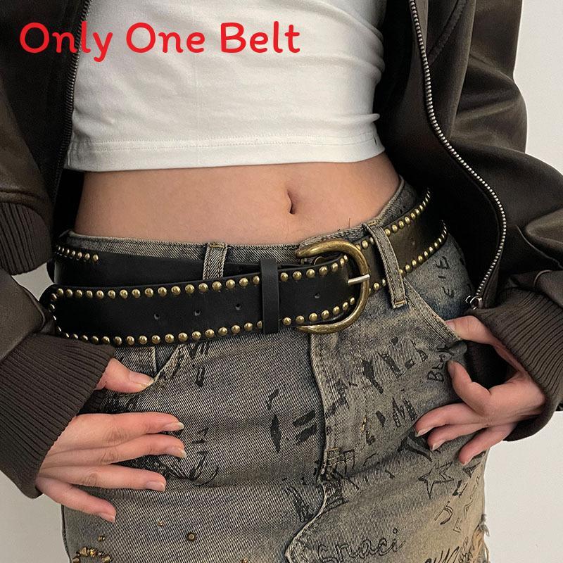

Vintage Female Leather Belt With Double Studded Detail For Casual Jeans Fashion