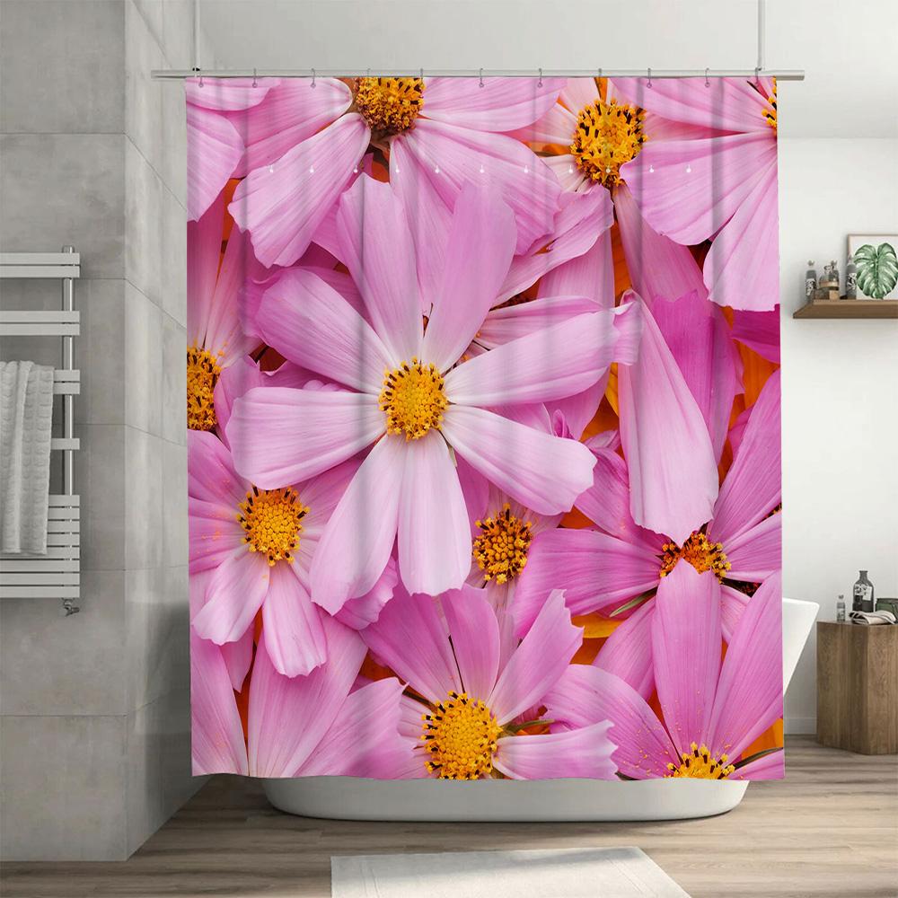 Pink Cosmos Shower Curtain Floral Print Fabric Waterproof Bathroom Decor for Home