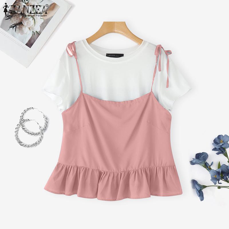 ZANZEA Women Casual Fake Two Piece Patchwork Short Sleeve Blouse