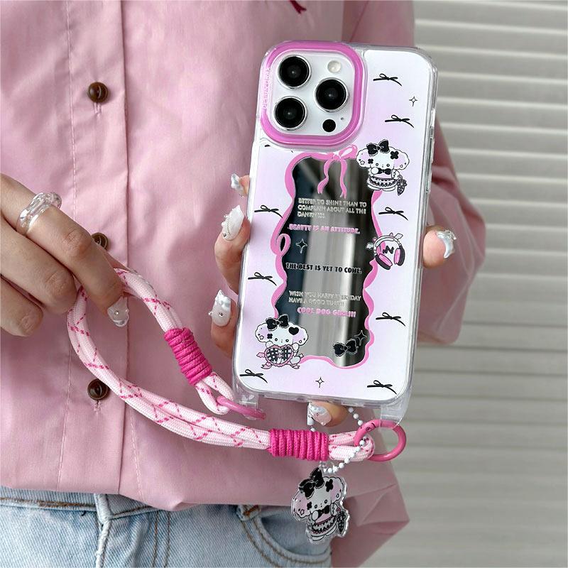 Zhitai iPhone Shell: Compatible with iPhone 12, 13, 14, 15 Pro Max; Lanyard Mirror Case with Cartoon Design