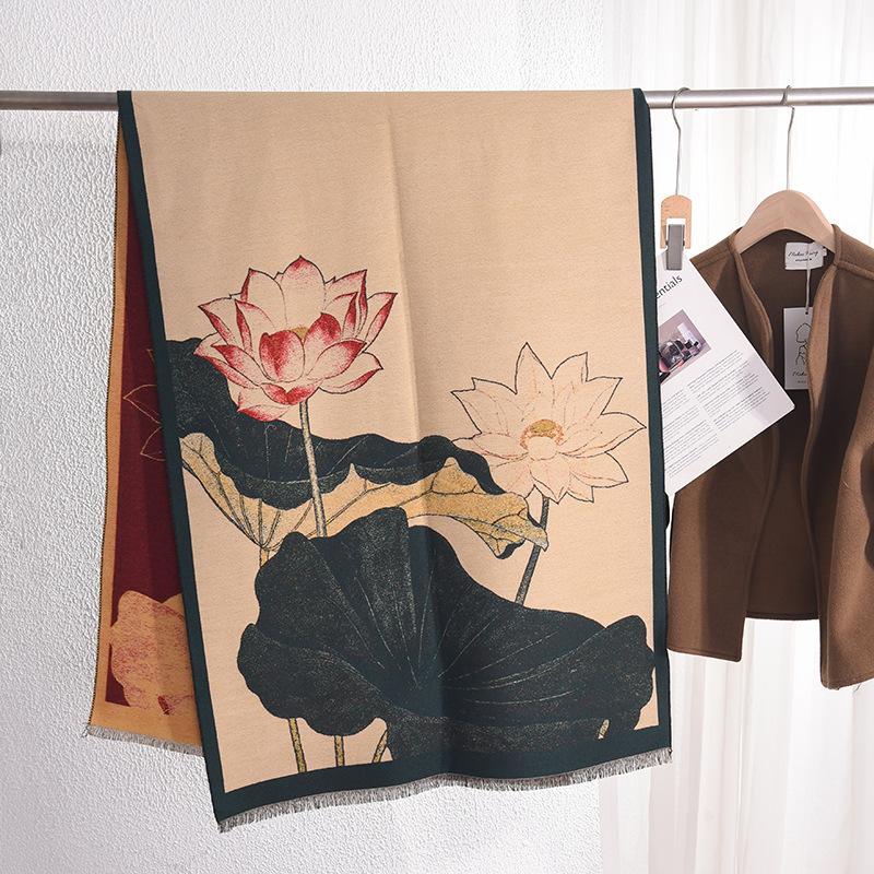 

Новая китайская мода, темпераментный ханьфу с принтом лотоса и шалью, осенне-зимний ретро теплый шарф из имитации кашемира 67*185