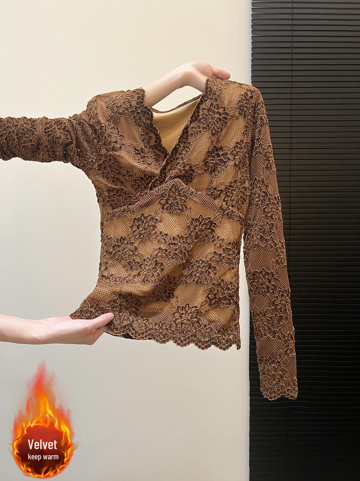 2025 Люкс Осень-Зима Топ с начесом из бархата и кружева, стройнящий M