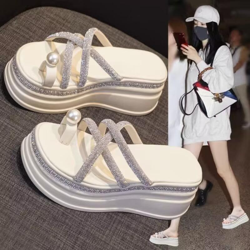 2025 Summer New Women's Sandals Fairy Style Pearls Crystal Sandals Fashion Thick Heeled Sandals for Women Open Toe Casual Sandal